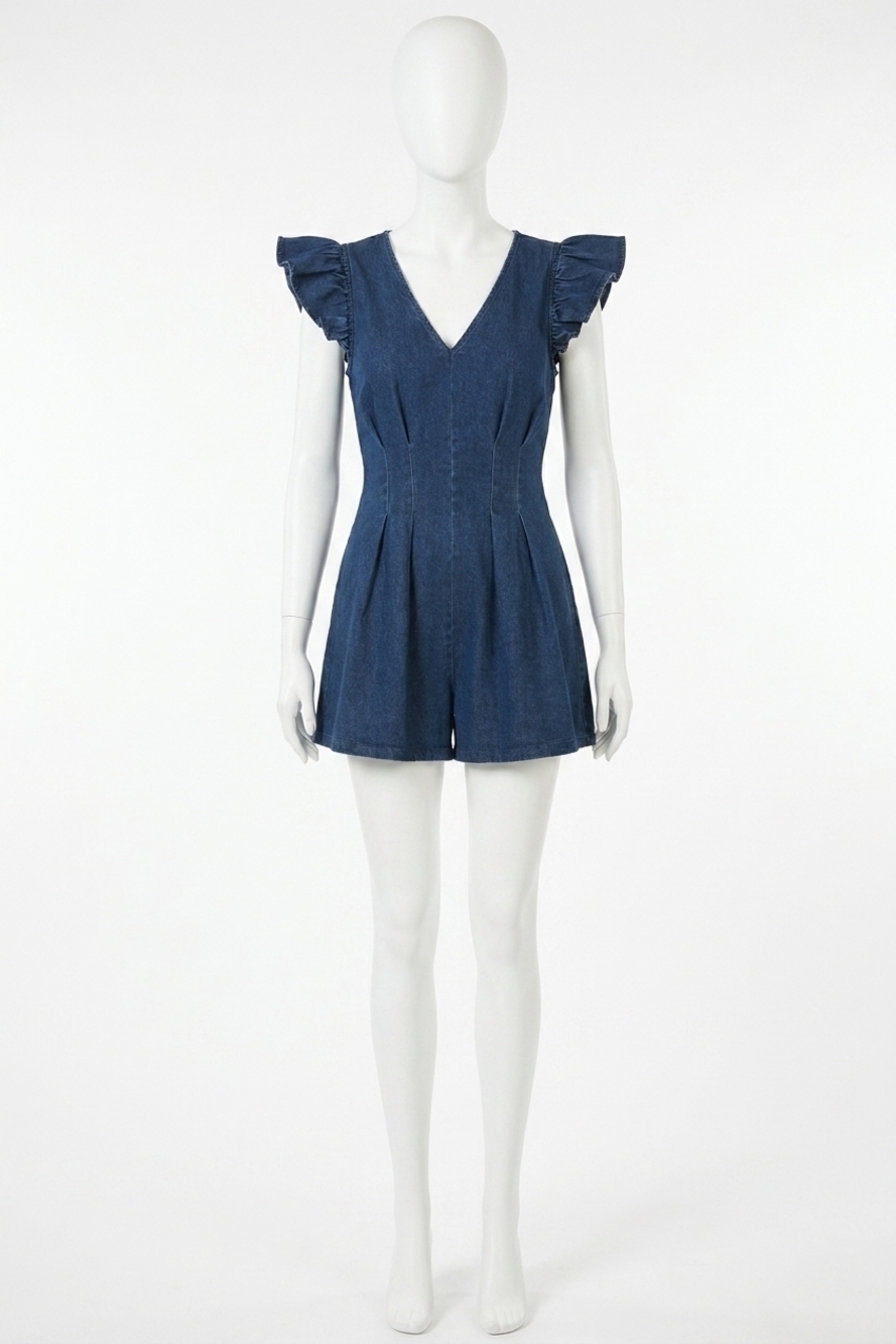 NEW FLYING TOMATO marajo washed denim romper in medium indigo